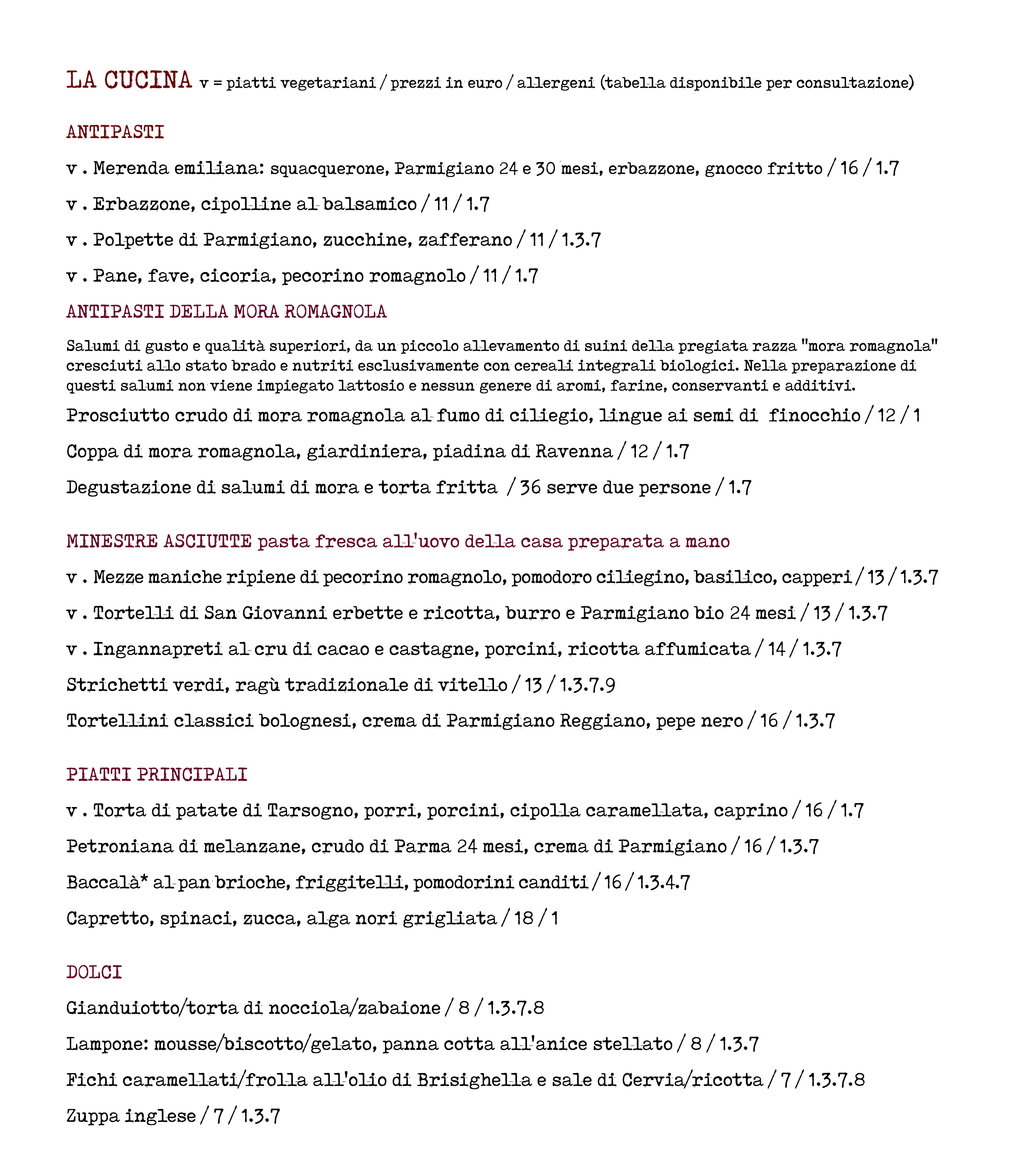 MENU CUCINA DAL 10 SETTEMBRE 2022